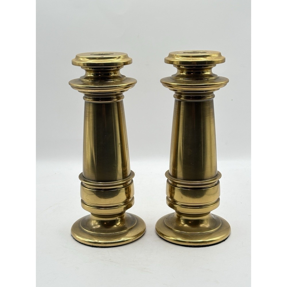 Vtg Heavy Brass Column Candlesticks Pair 8 Inch Colonial Traditionalist 2.5 Lb